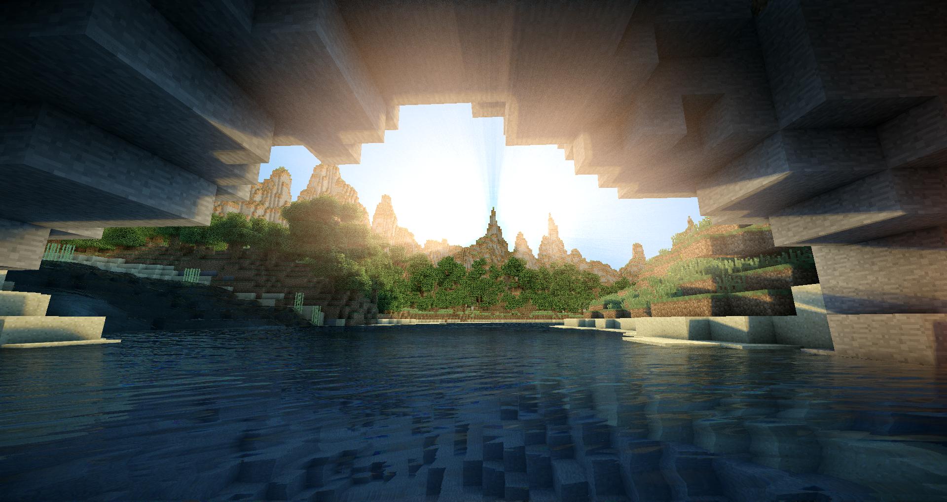 minecraft shader wallpaper,sky,water,architecture,sunlight,reflection