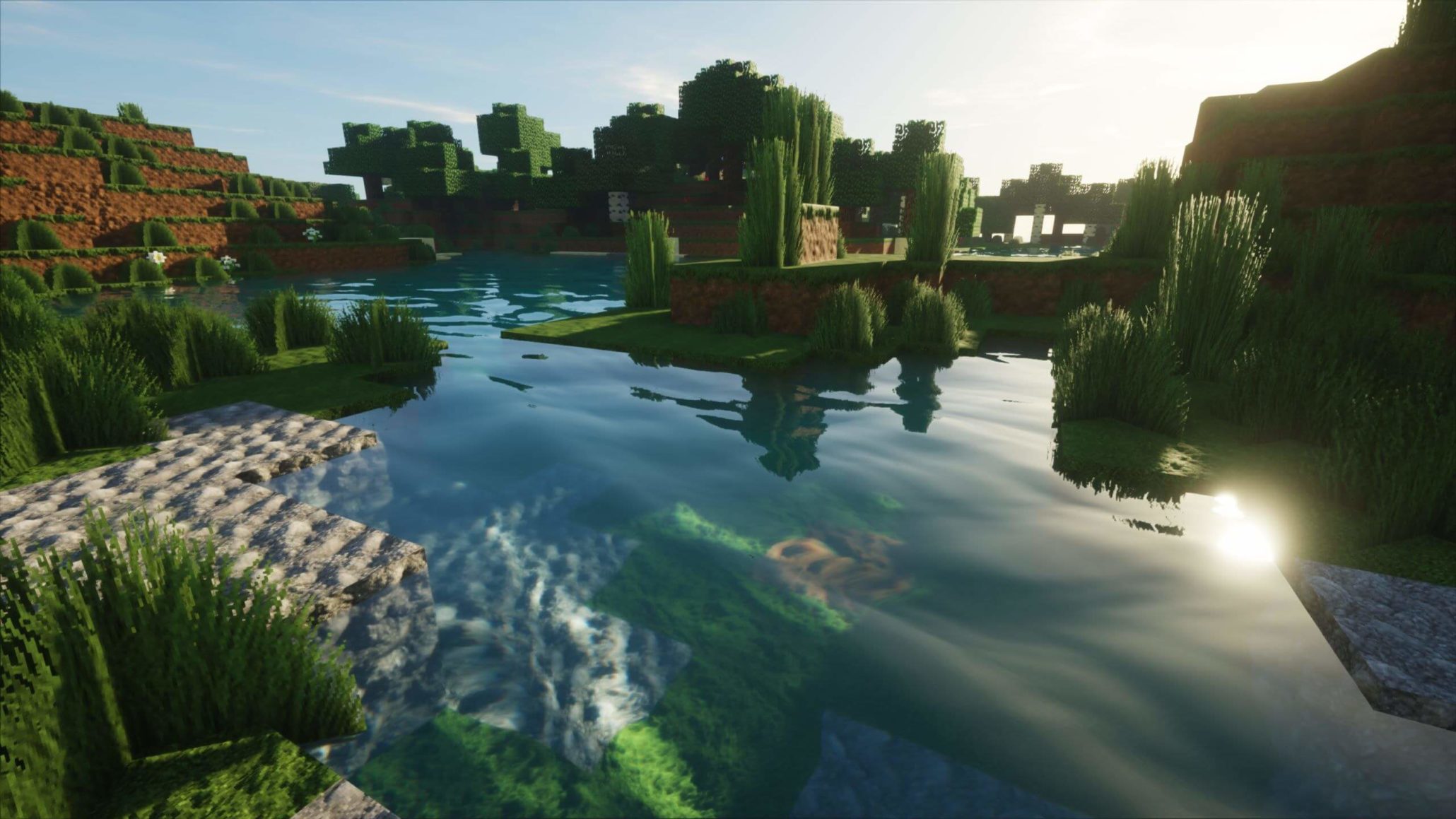 minecraft shader wallpaper,natur,natürliche landschaft,wasser,betrachtung,wasservorräte