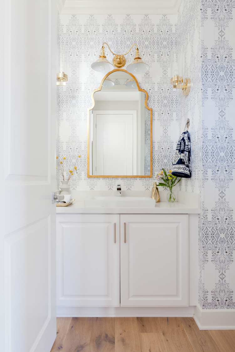 Elegant Wallpaper In The Powder Room Gold Mirror Powder Room