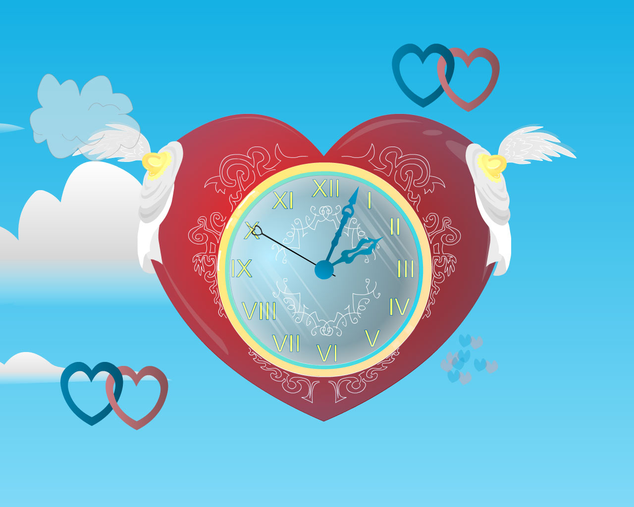 사랑 시계 라이브 배경 화면,푸른,삽화,심장,하늘,시계