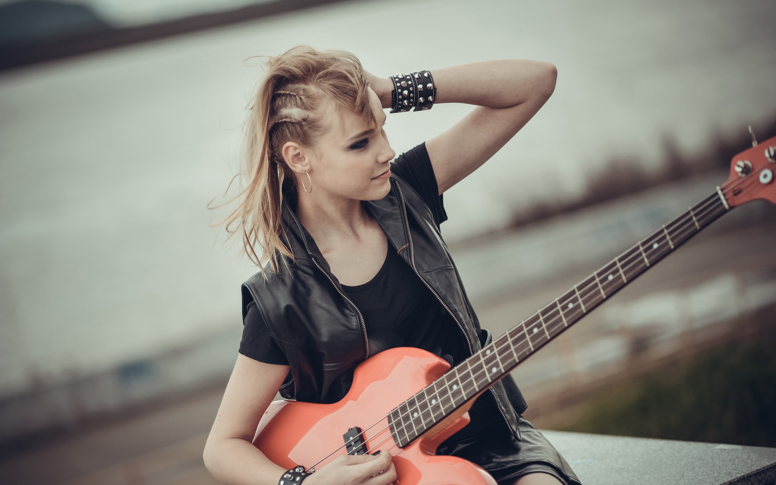 wallpaper of girl with guitar,guitar,guitarist,string instrument,musical instrument,musician