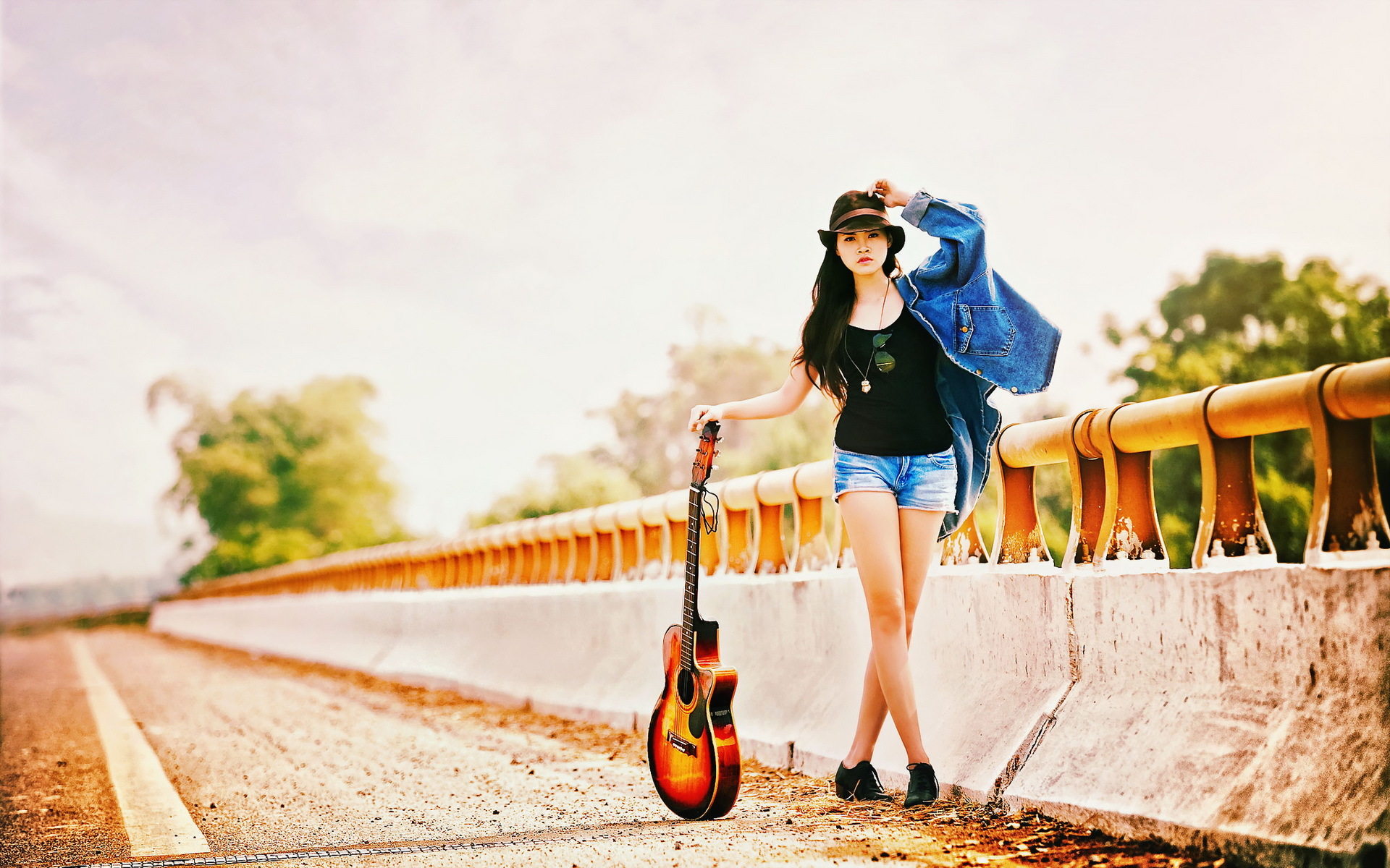 wallpaper of girl with guitar,people in nature,street fashion,vehicle,travel,guitar
