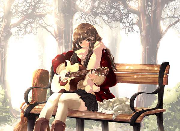 wallpaper of girl with guitar,musical instrument,string instrument,musician,sitting,plucked string instruments