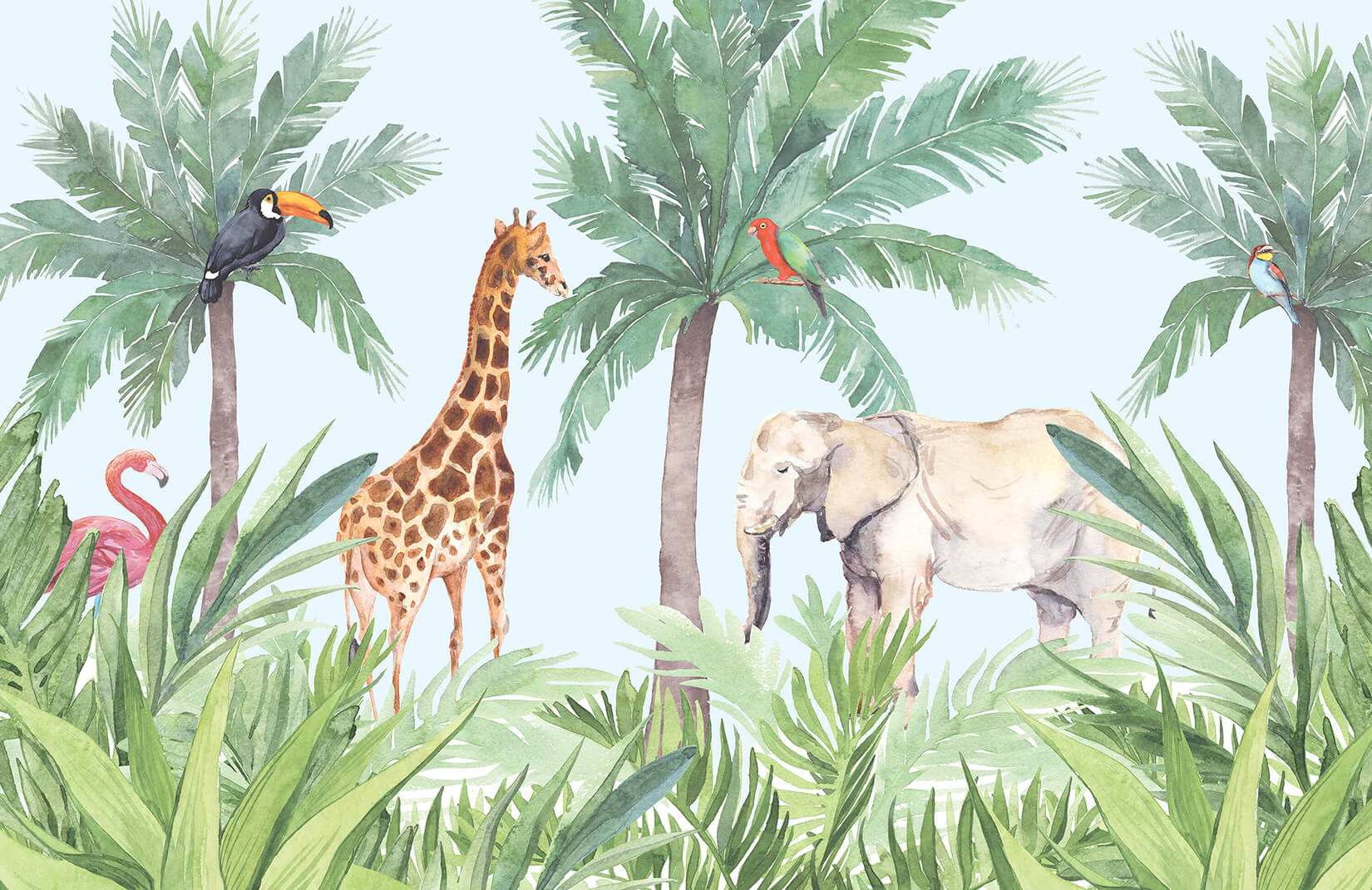 jungle wallpaper mural,vegetation,jungle,terrestrial animal,giraffidae,natural environment