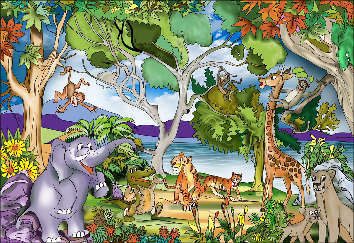 mural de papel tapiz de la selva,dibujos animados,dibujos animados,selva,personaje de ficción,ilustración