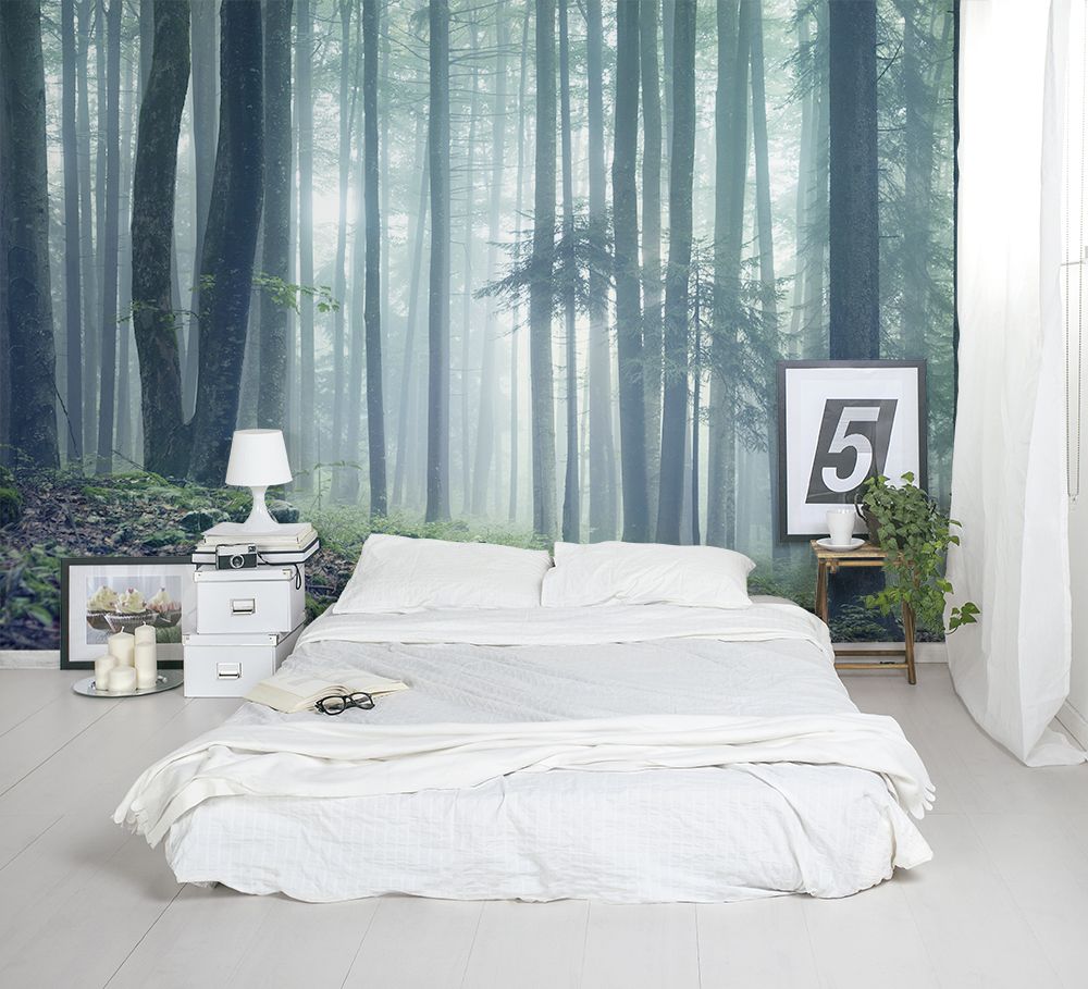 papel tapiz forestal para dormitorio,dormitorio,cama,habitación,mueble,sábana