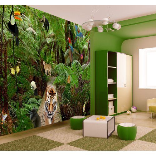 mural de papel tapiz de la selva,verde,pared,césped,habitación,diseño de interiores