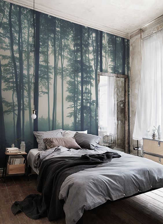 papier peint forêt pour chambre,chambre,lit,meubles,chambre,mur