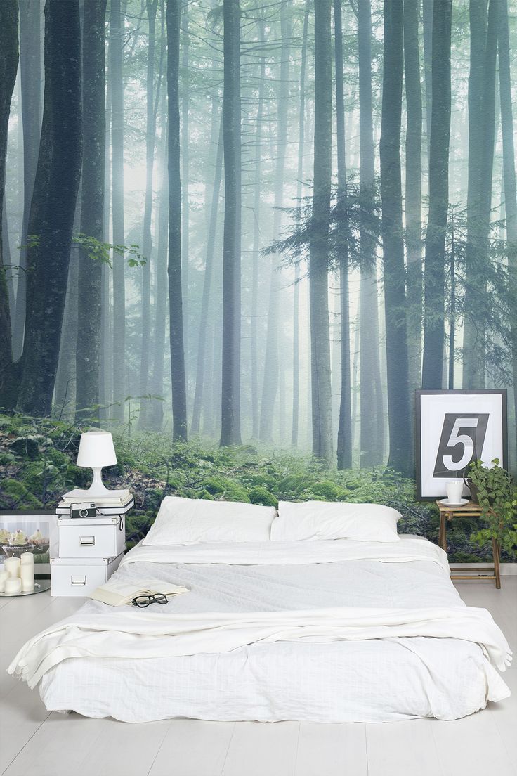 침실 숲 벽지,나무,방,침실,침대,인테리어 디자인