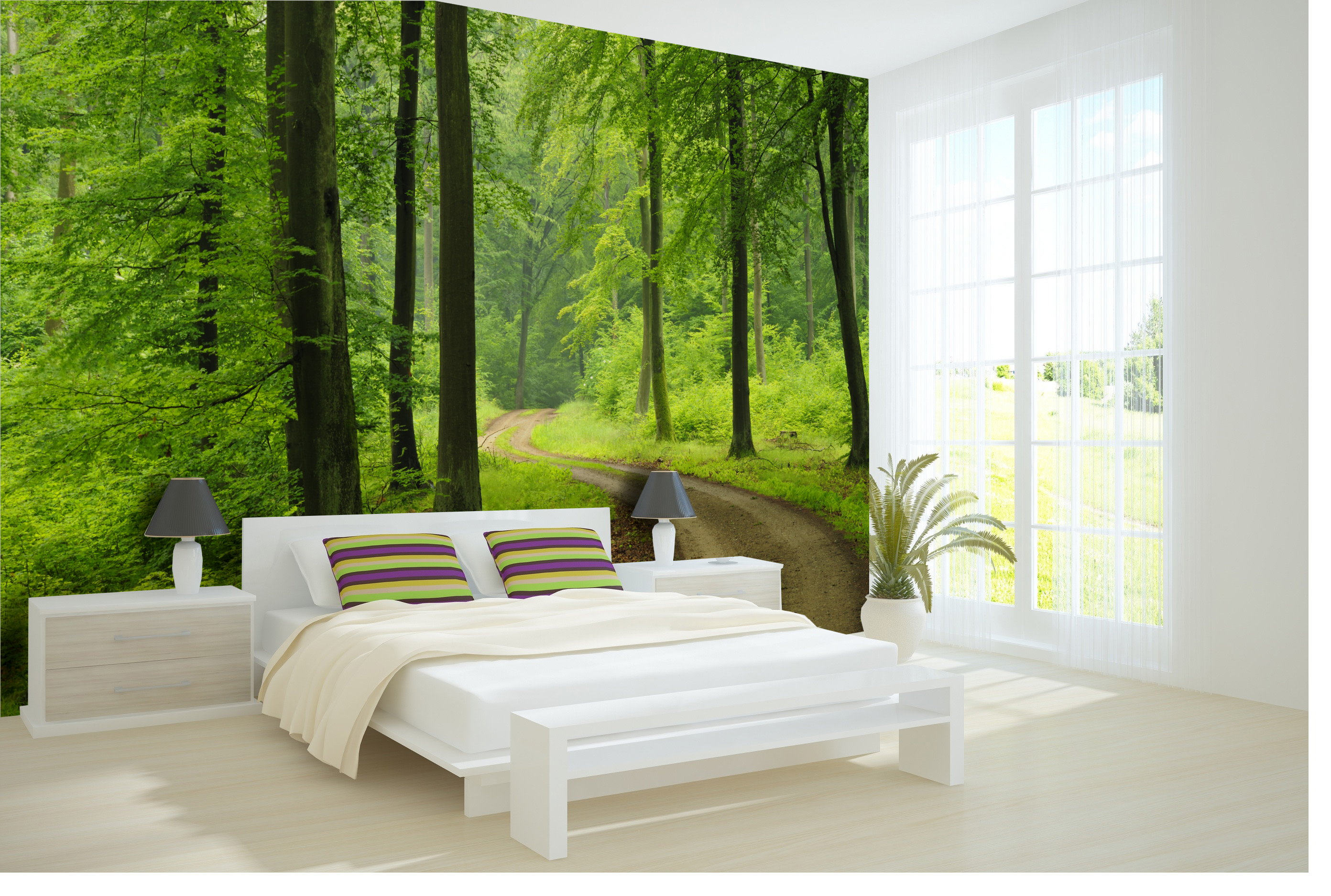 papel tapiz forestal para dormitorio,mueble,habitación,cama,pared,fondo de pantalla