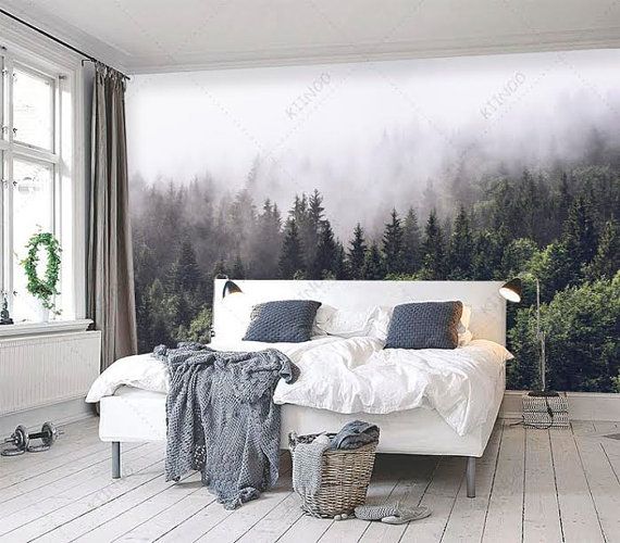 침실 숲 벽지,가구,하얀,방,인테리어 디자인,특성