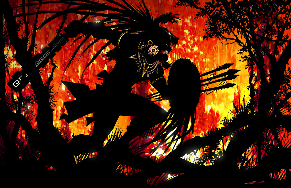 aztec warrior wallpaper,tree,fictional character,plant,demon,illustration
