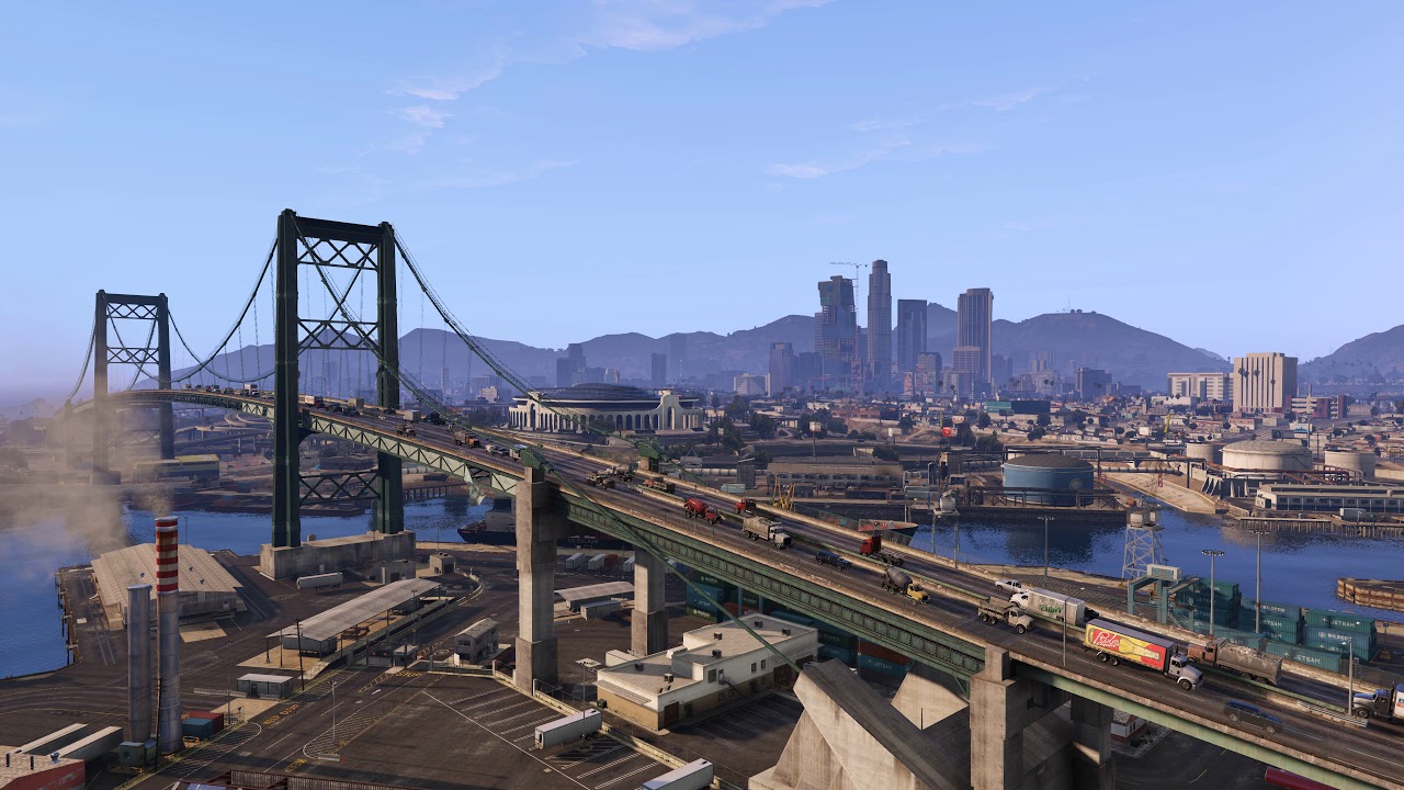 gta v wallpaper 4k,bridge,city,metropolitan area,urban area,skyline