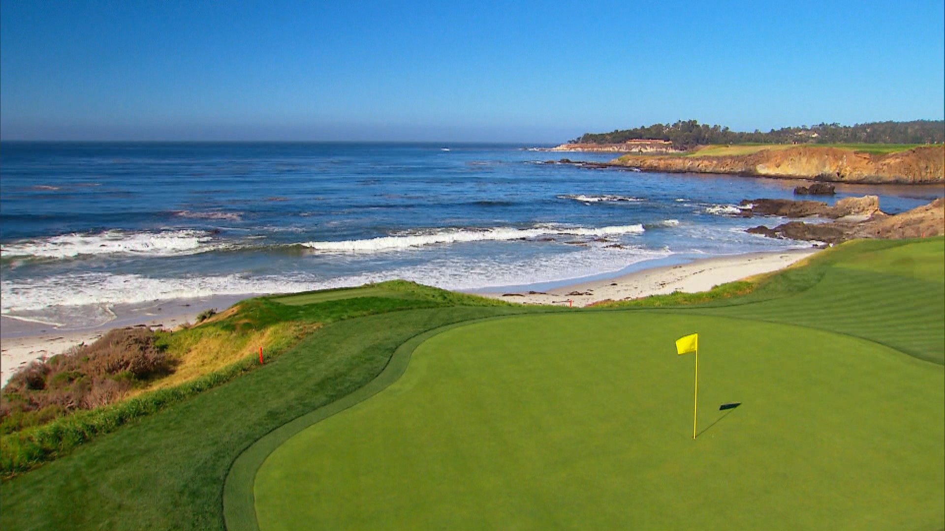 pebble beach wallpaper,sport venue,golf course,coast,shore,natural landscape