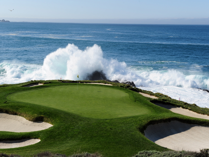 pebble beach wallpaper,sport venue,wave,natural landscape,golf course,water resources