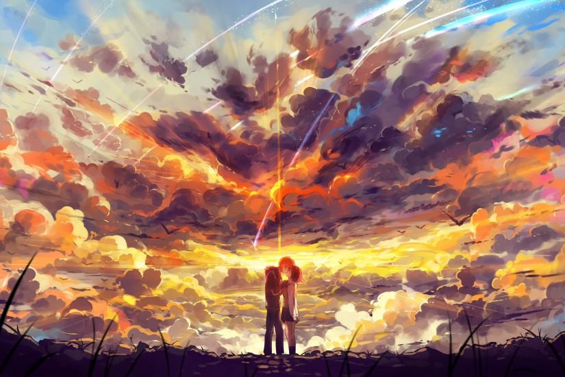 kimi no na wa wallpaper iphone,sky,cloud,painting,geological phenomenon,anime