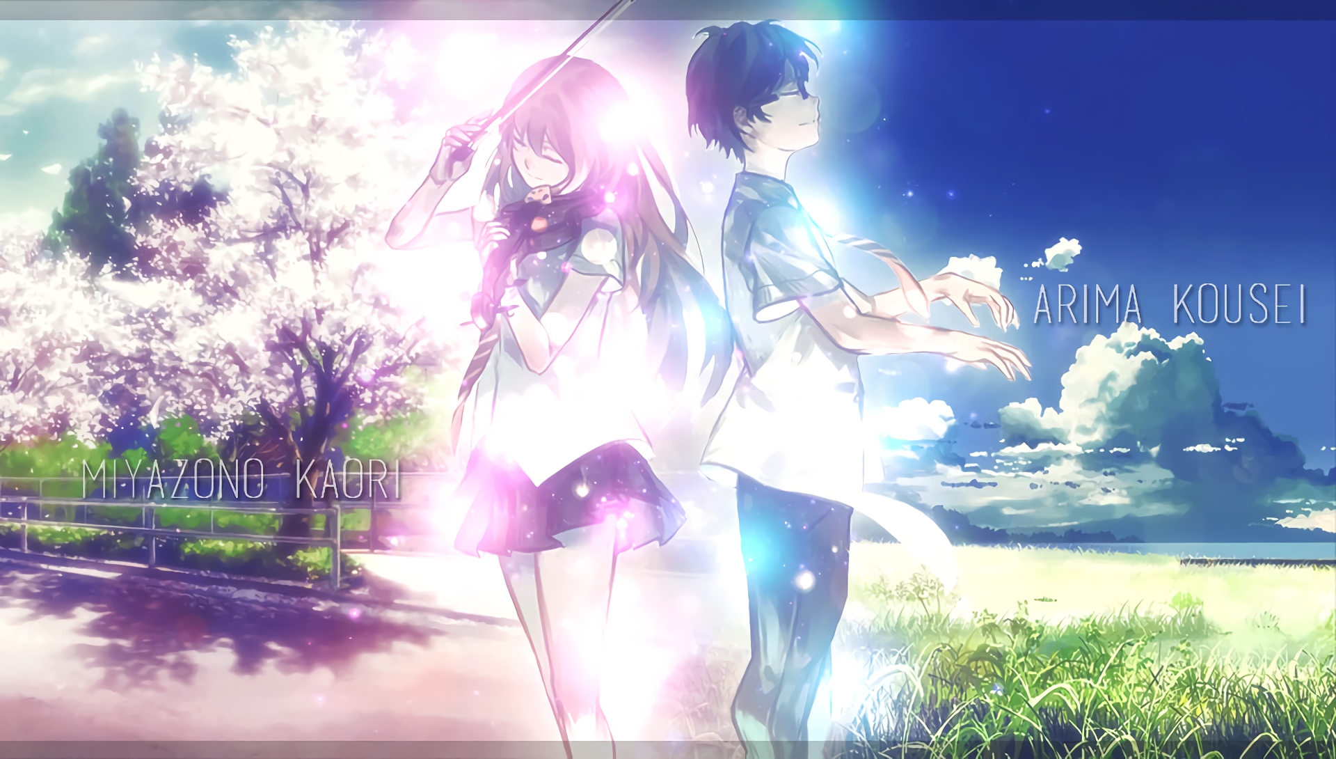 shigatsu kimi no uso wallpaper,anime,sky,cg artwork,black hair,long hair