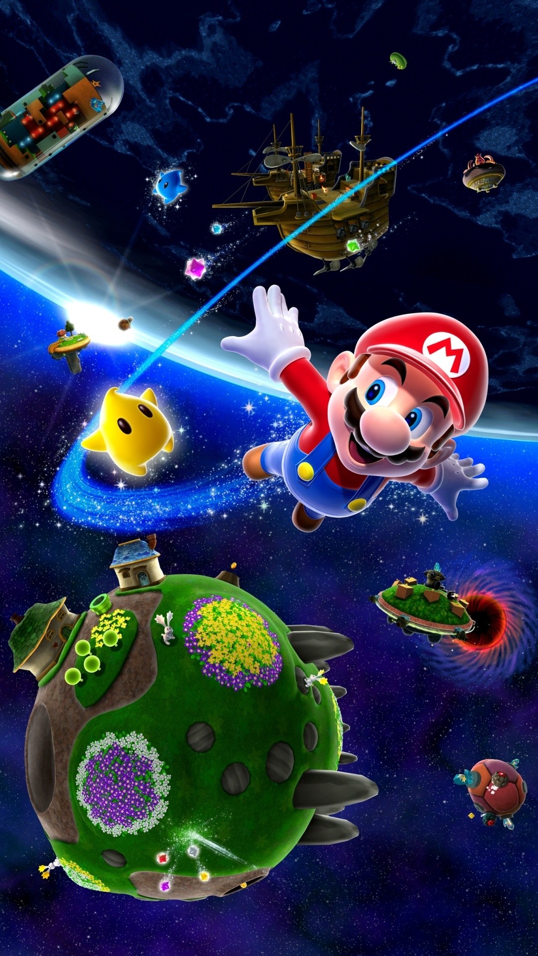 mario galaxy wallpaper,animated cartoon,cartoon,adventure game,space,animation