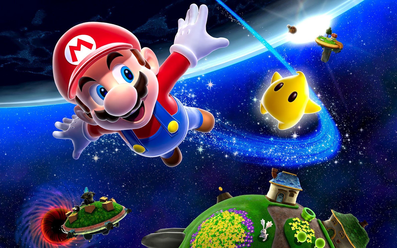 mario galaxy wallpaper,animierter cartoon,mario,karikatur,erfundener charakter,platz