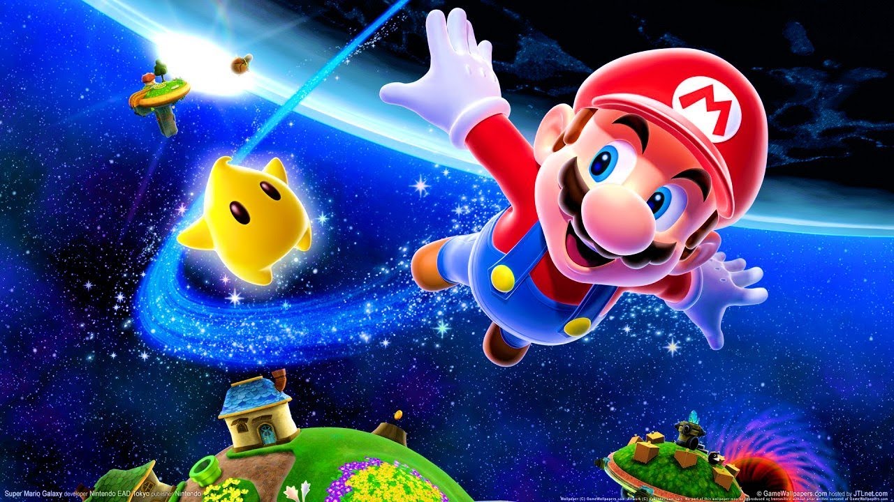 mario galaxy wallpaper,animated cartoon,mario,cartoon,adventure game,fictional character