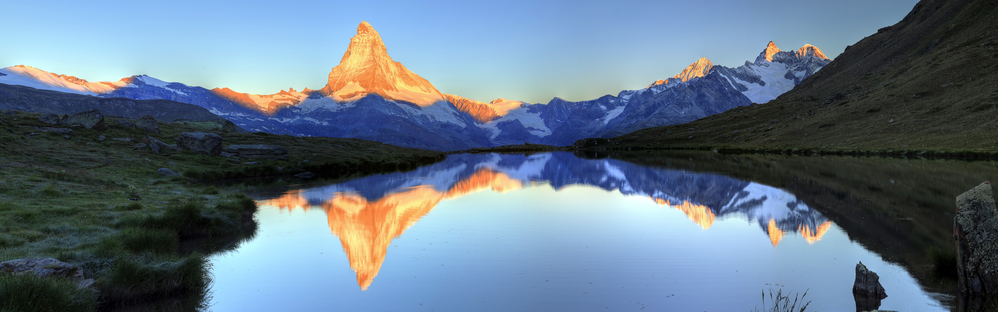 3840x1200 wallpaper,natural landscape,nature,reflection,mountain,mountainous landforms