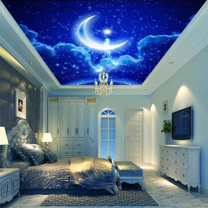 寝室の暗い壁紙で光る,天井,ルーム,青い,空,インテリア・デザイン