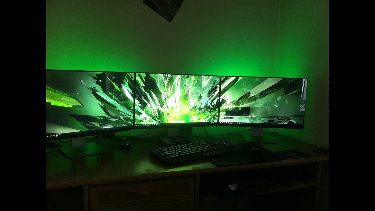 triple monitor wallpaper gaming,green,display device,light,technology,lighting