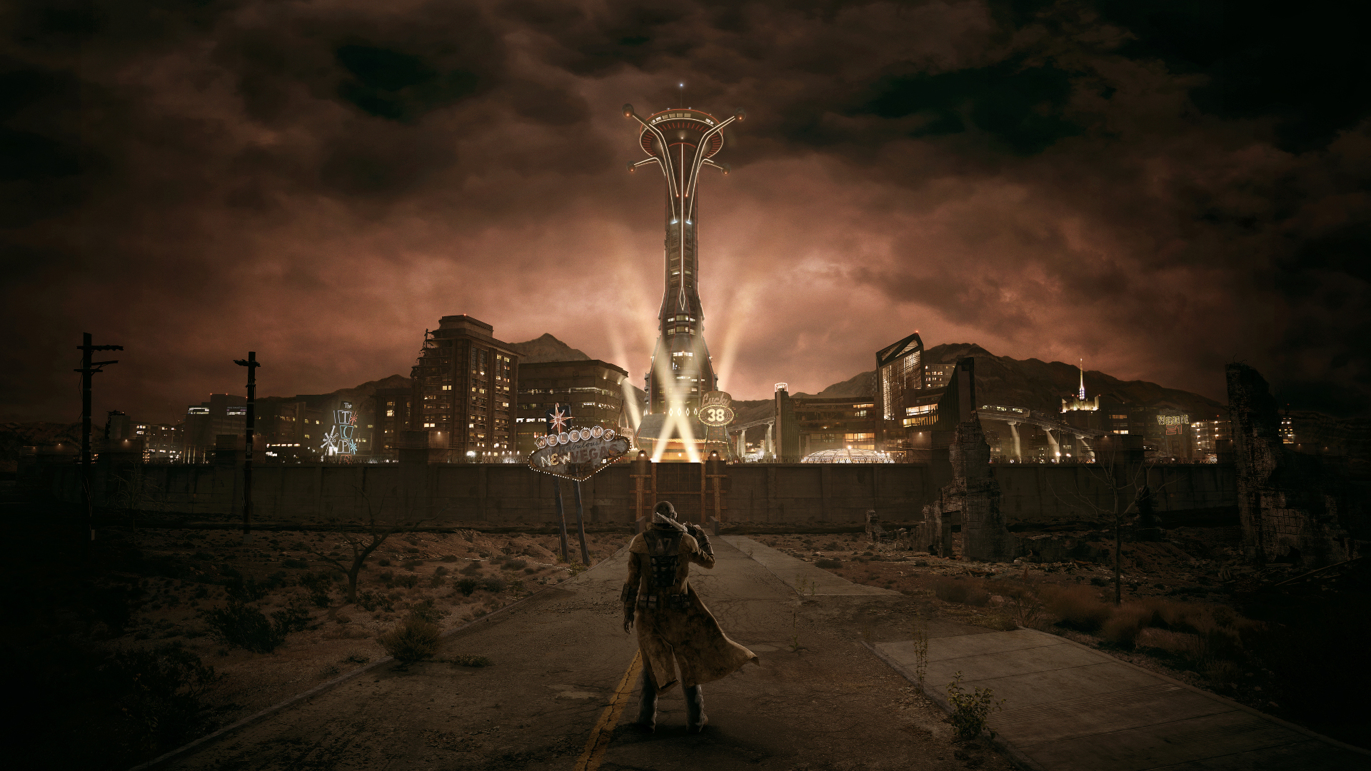 fallout new vegas wallpaper hd,sky,darkness,night,pc game,digital compositing