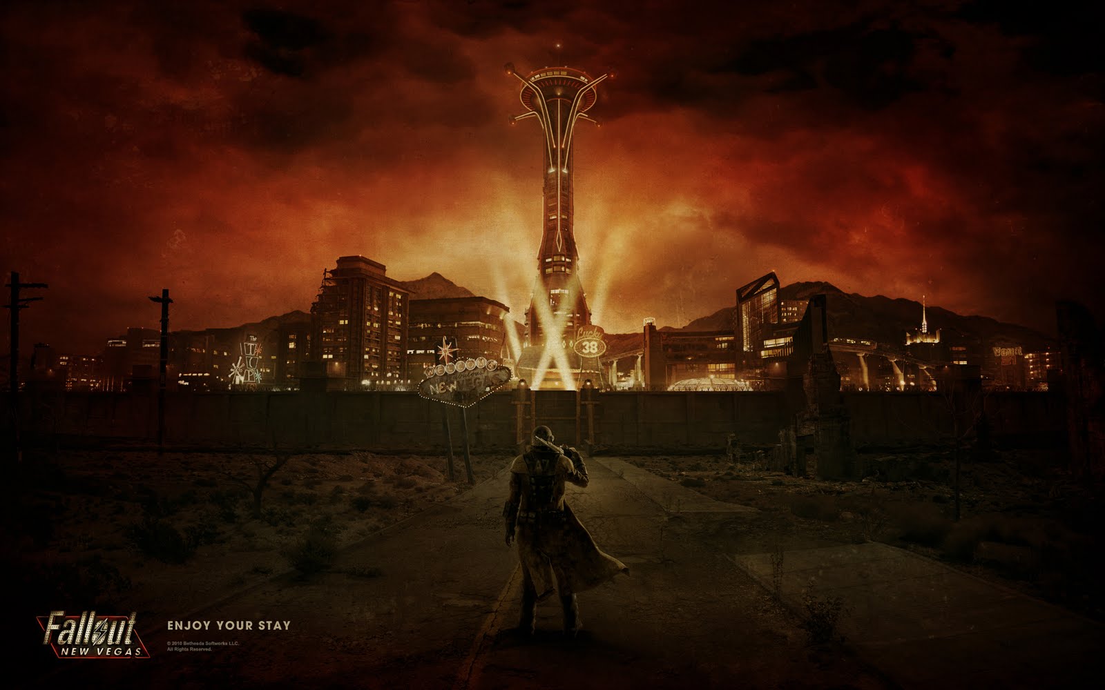 fallout new vegas wallpaper hd,sky,darkness,pc game,digital compositing,photography