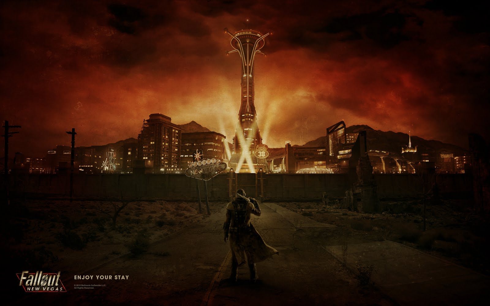 fallout new vegas fondo de pantalla hd,cielo,oscuridad,juego de pc,composición digital,fotografía