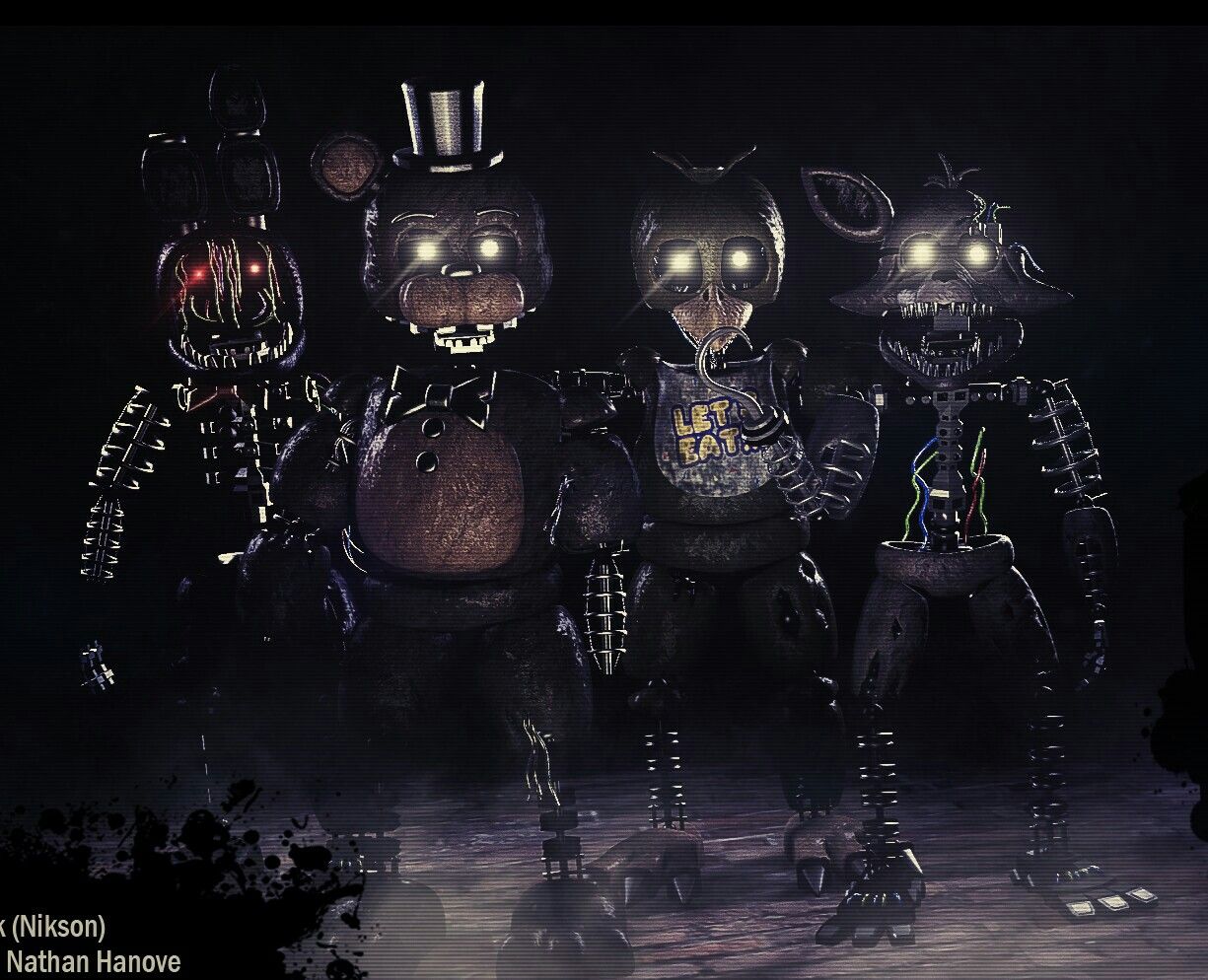 wallpapers de five nights at freddy's,darkness,action figure,fictional character,personal protective equipment,graphic design