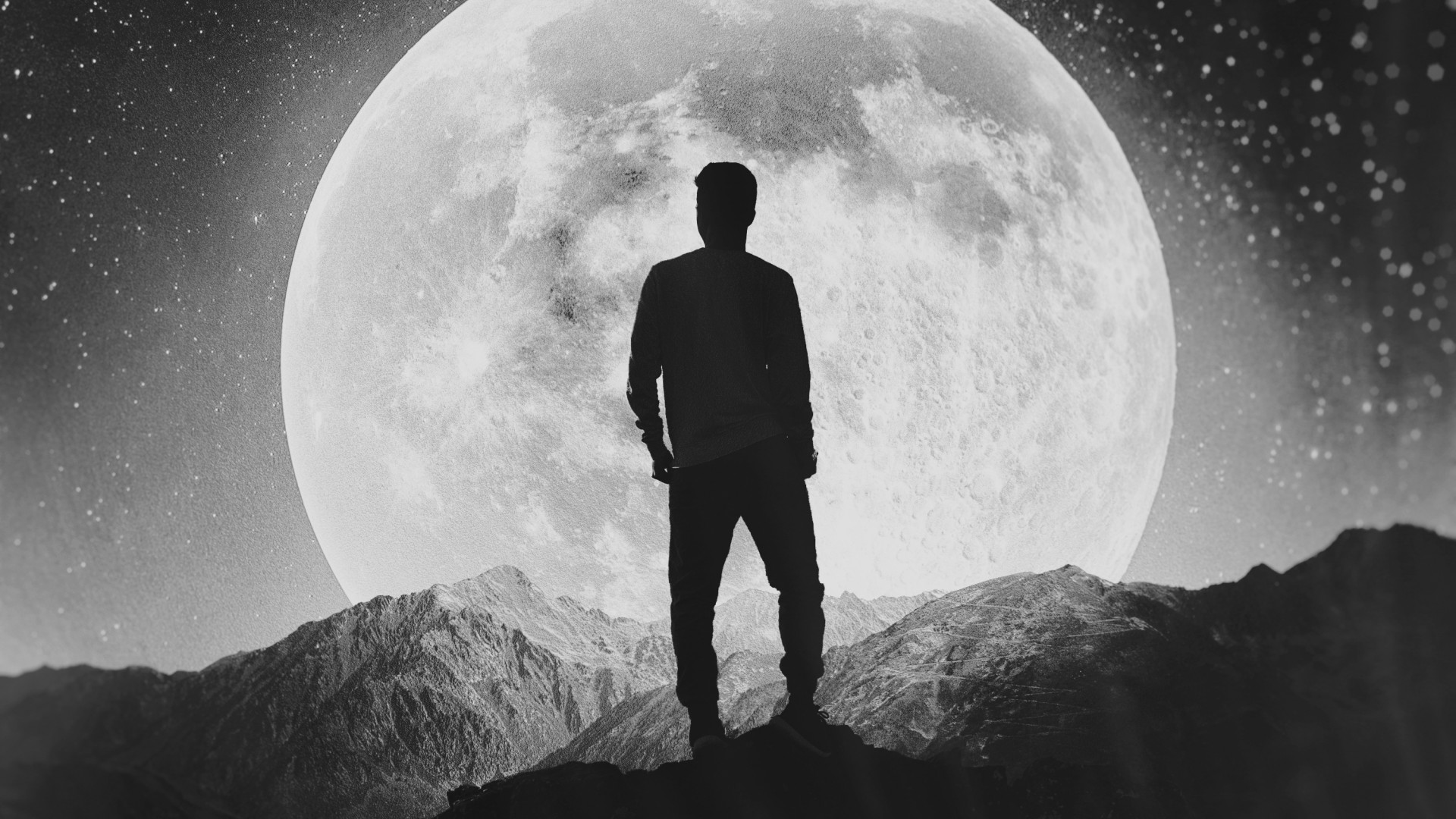 一人の男の壁紙,写真,モノクロ写真,空,黒と白,月