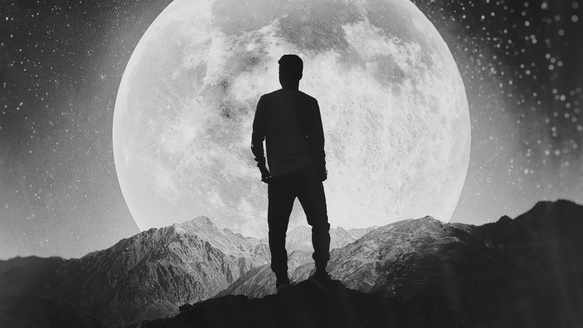 alone man wallpaper,photograph,sky,moon,monochrome photography,black and white