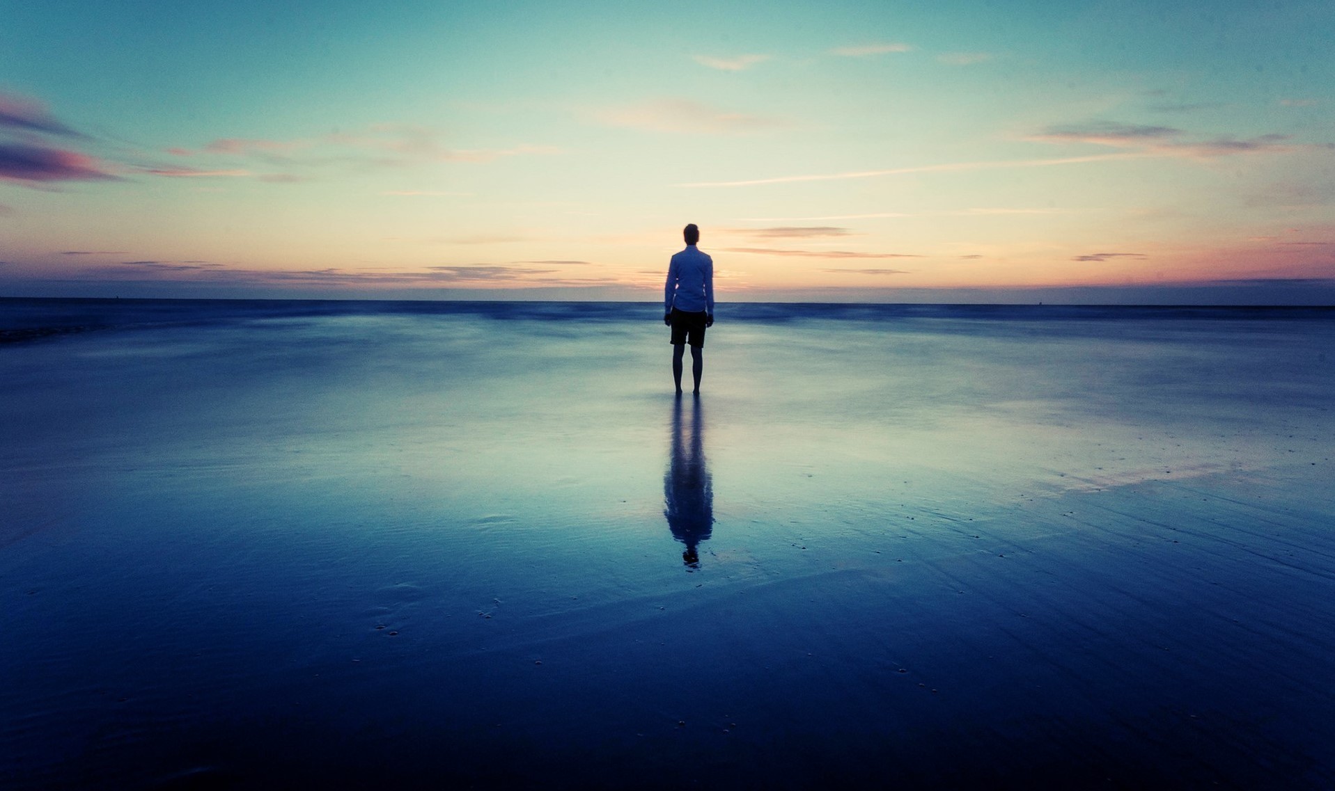 alone man wallpaper,sky,people in nature,blue,water,reflection