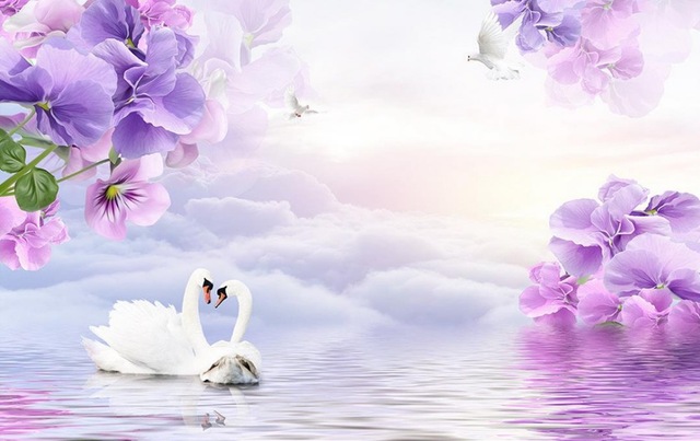 3d floral wallpaper,nature,purple,flower,lilac,swan