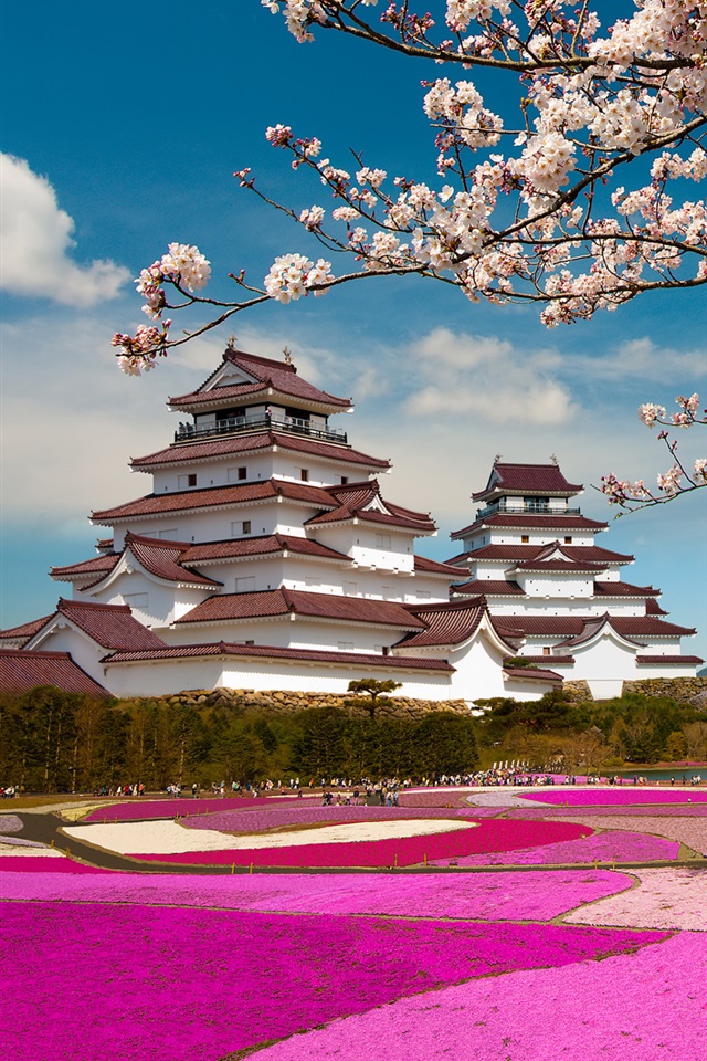 japan phone wallpaper,natural landscape,flower,pagoda,cherry blossom,sky