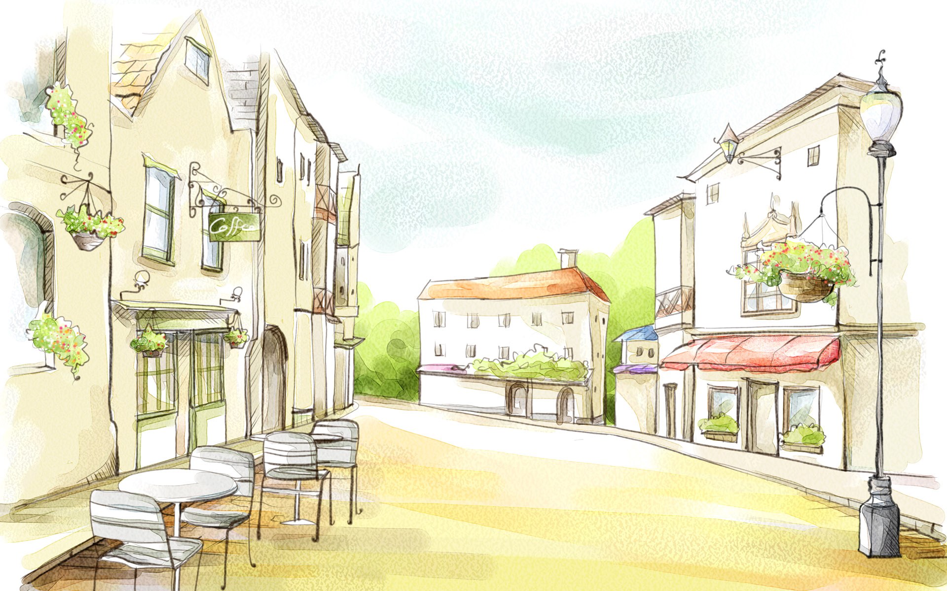 drawing wallpaper hd,watercolor paint,sketch,residential area,building,town