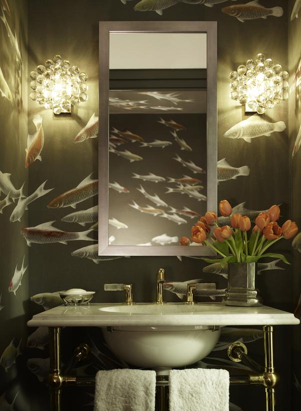 papel tapiz de pescado para baño,habitación,diseño de interiores,encendiendo,espejo,pared