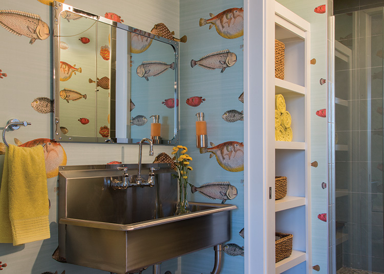 fish wallpaper for bathroom,room,bathroom,wall,interior design,furniture