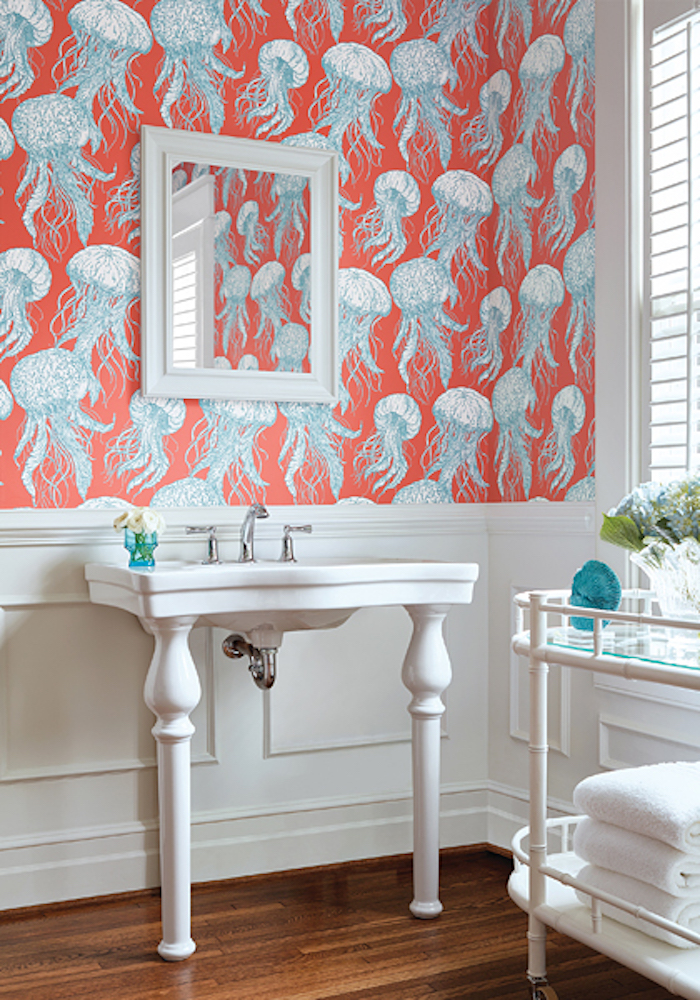fish wallpaper for bathroom,wallpaper,room,interior design,wall,curtain