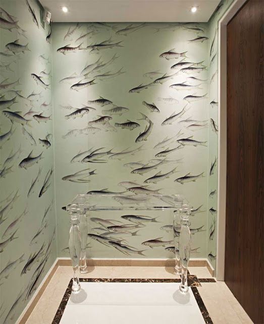 浴室のための魚の壁紙,壁,天井,ルーム,建築,ガラス