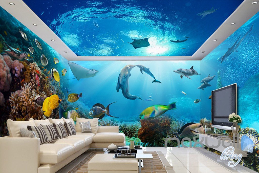 papel tapiz de pescado para baño,submarino,acuario,mural,pared,techo