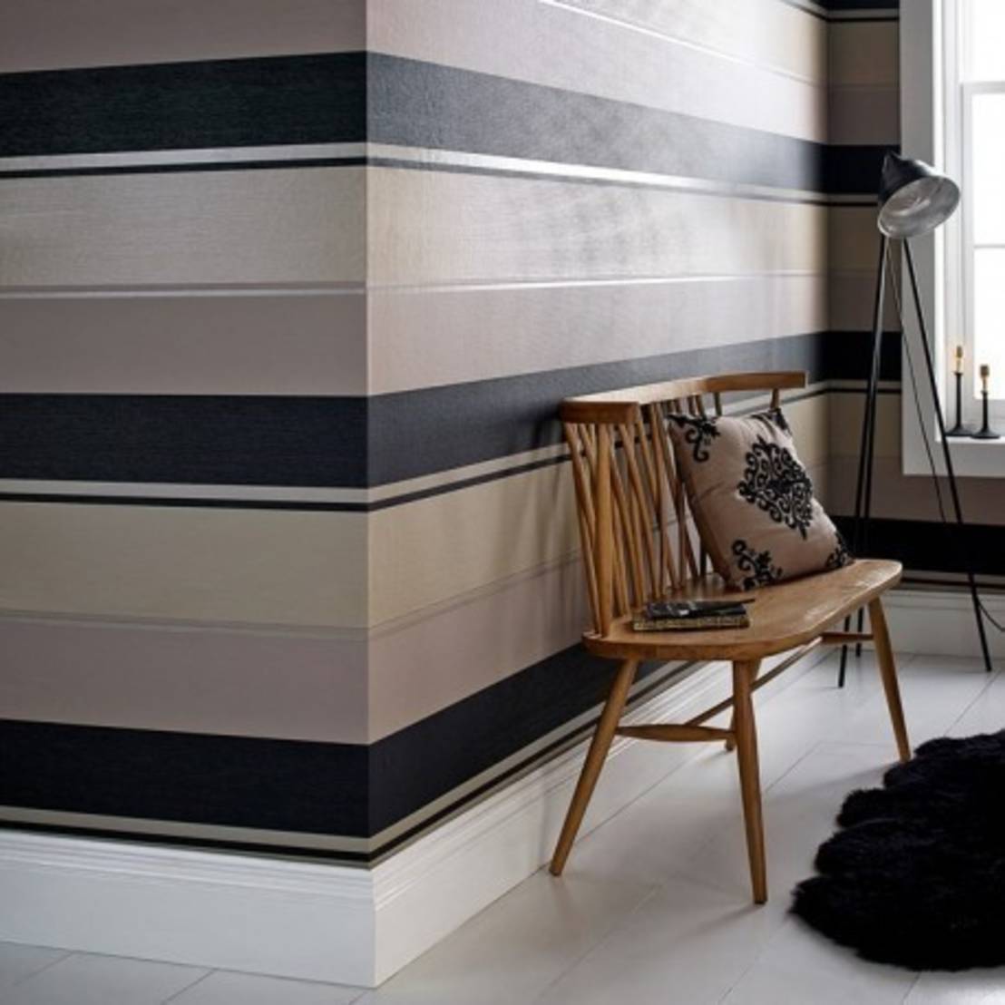 black and cream striped wallpaper,furniture,floor,room,interior design,tile