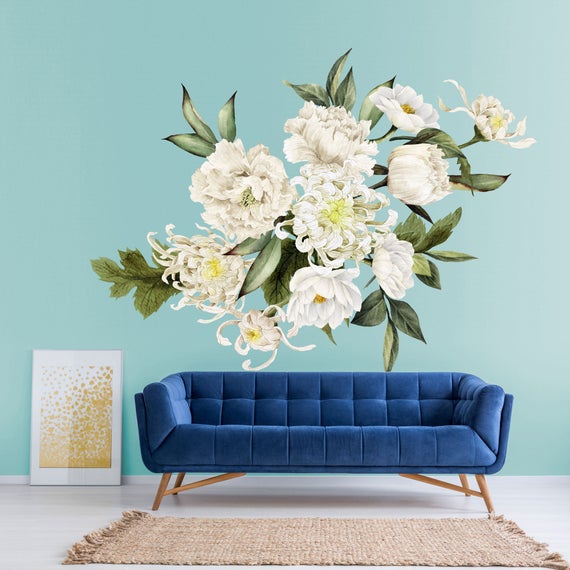 floral wallpaper mural,blue,flower,cut flowers,plant,bouquet