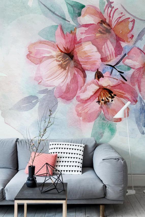 floral wallpaper mural,pink,flower,plant,watercolor paint,room