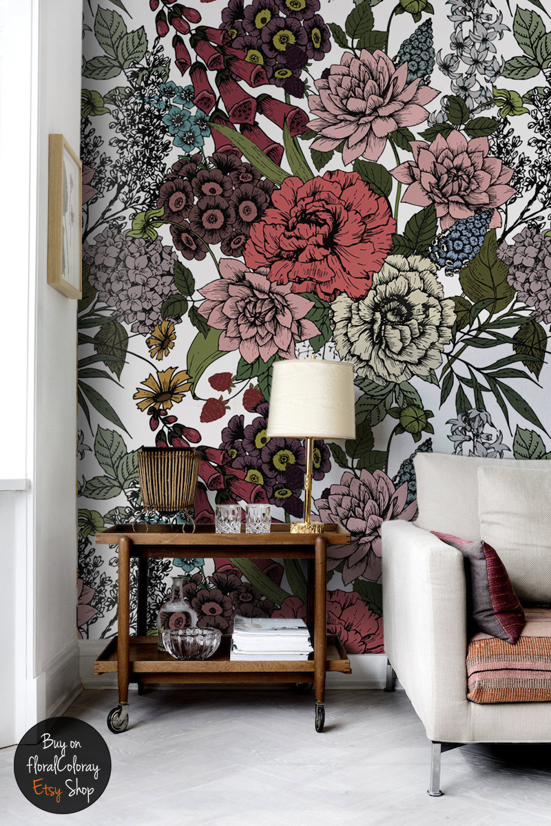 floral wallpaper mural,wallpaper,interior design,room,wall,plant