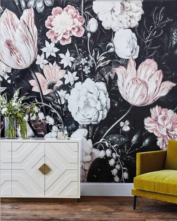 floral wallpaper mural,wallpaper,wall,flower,plant,black and white