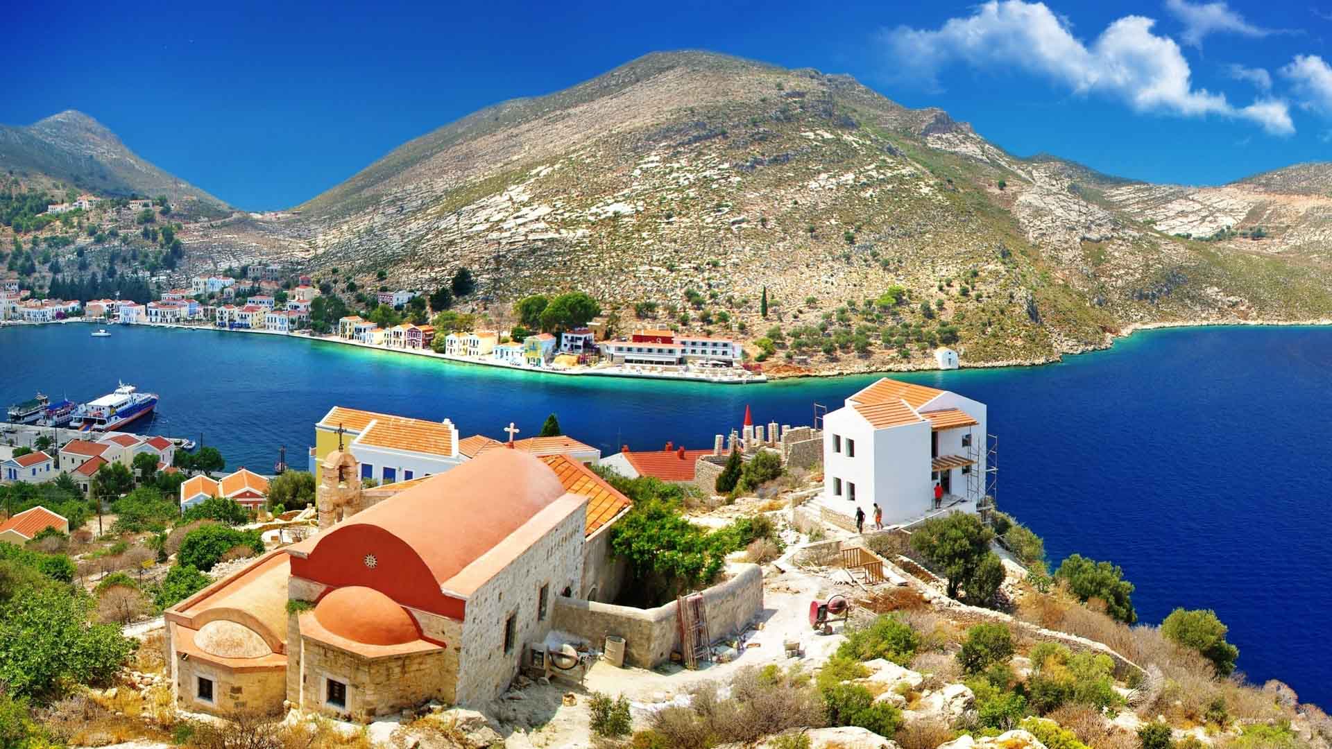 greece wallpaper hd,natural landscape,tourism,town,bay,mountain village