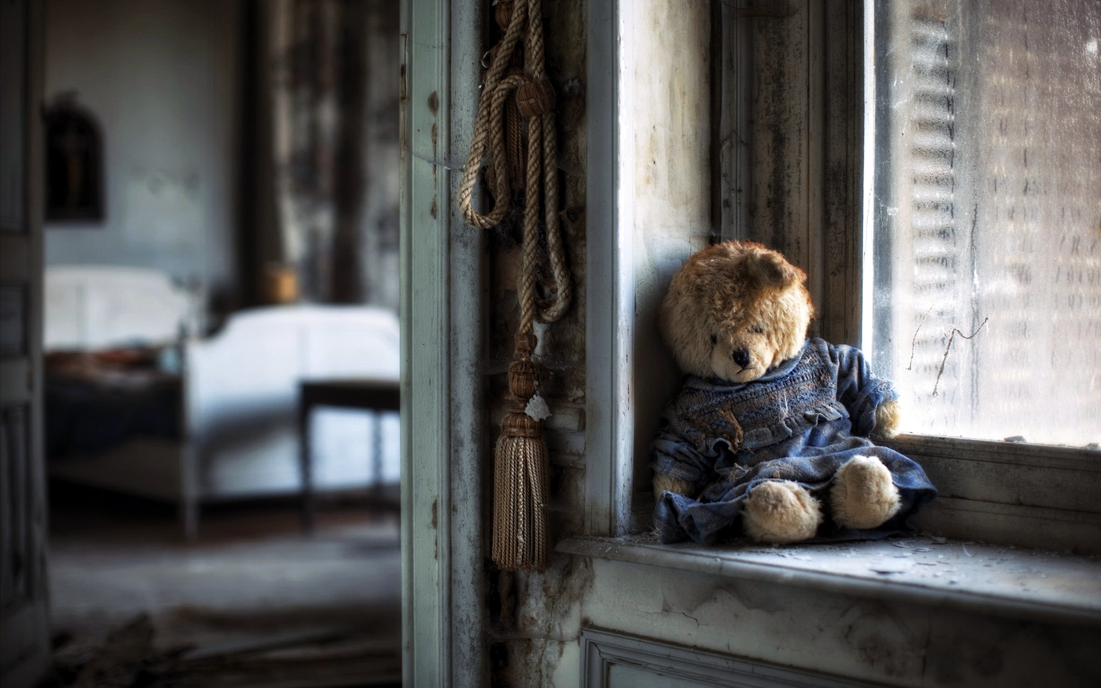 trauriger teddybär hd wallpaper,teddybär,zimmer,fenster,spielzeug,möbel