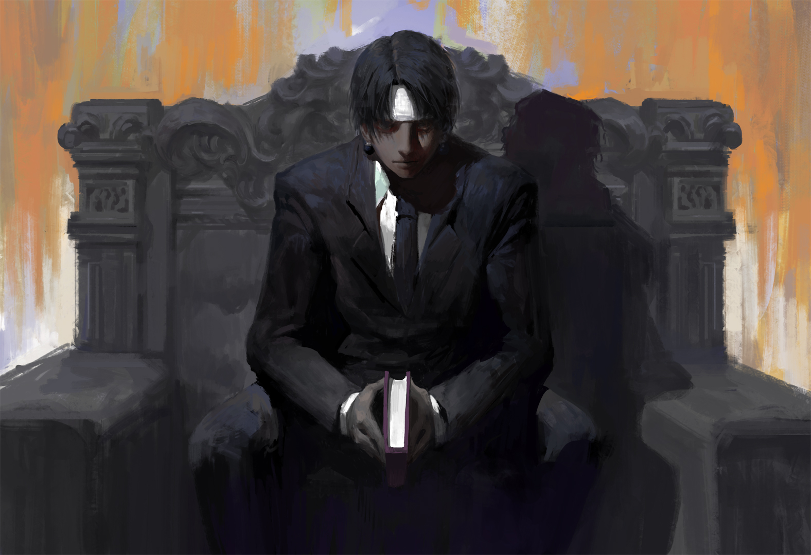 kuroro lucifer wallpaper,illustration,sitting,adventure game,temple,black hair